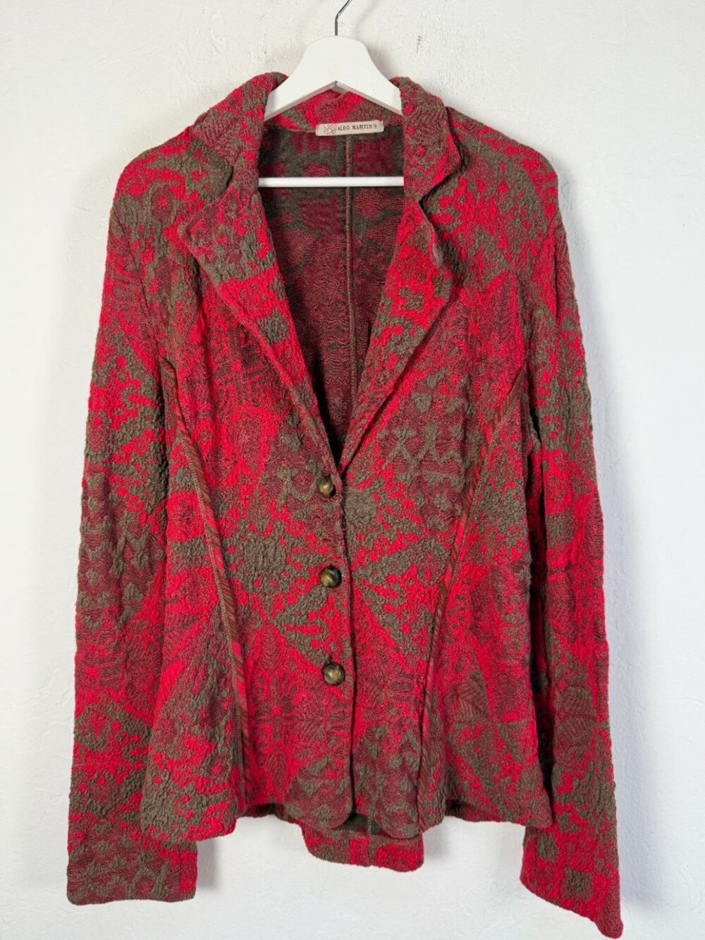 Aldo Martin's Red Olive Jacquard Textured Blazer Notch Collar Boho Art to Wear